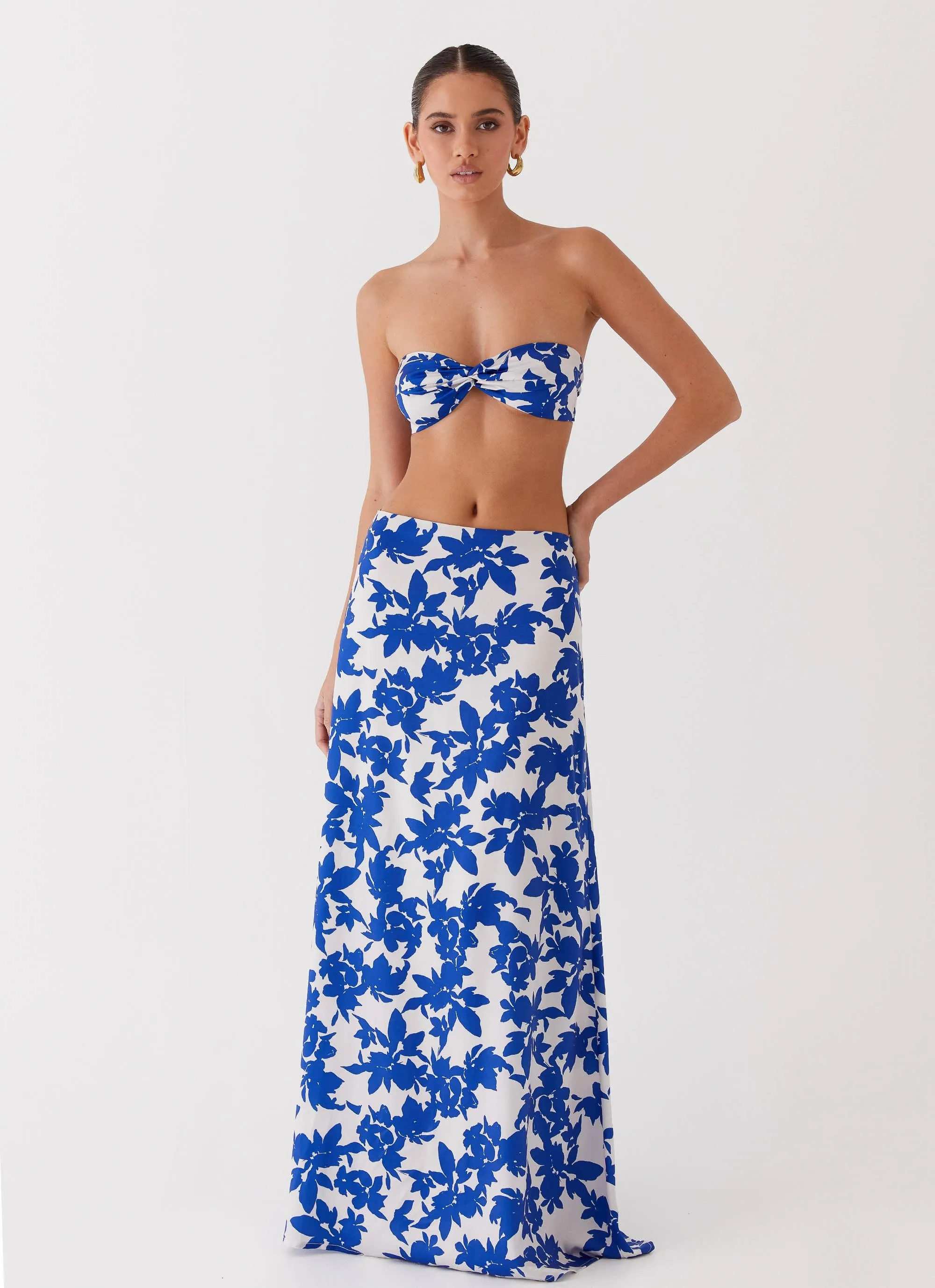 Sky Gaze Low Rise Maxi Skirt - Blue Floral Comfy Design WaterRepellent