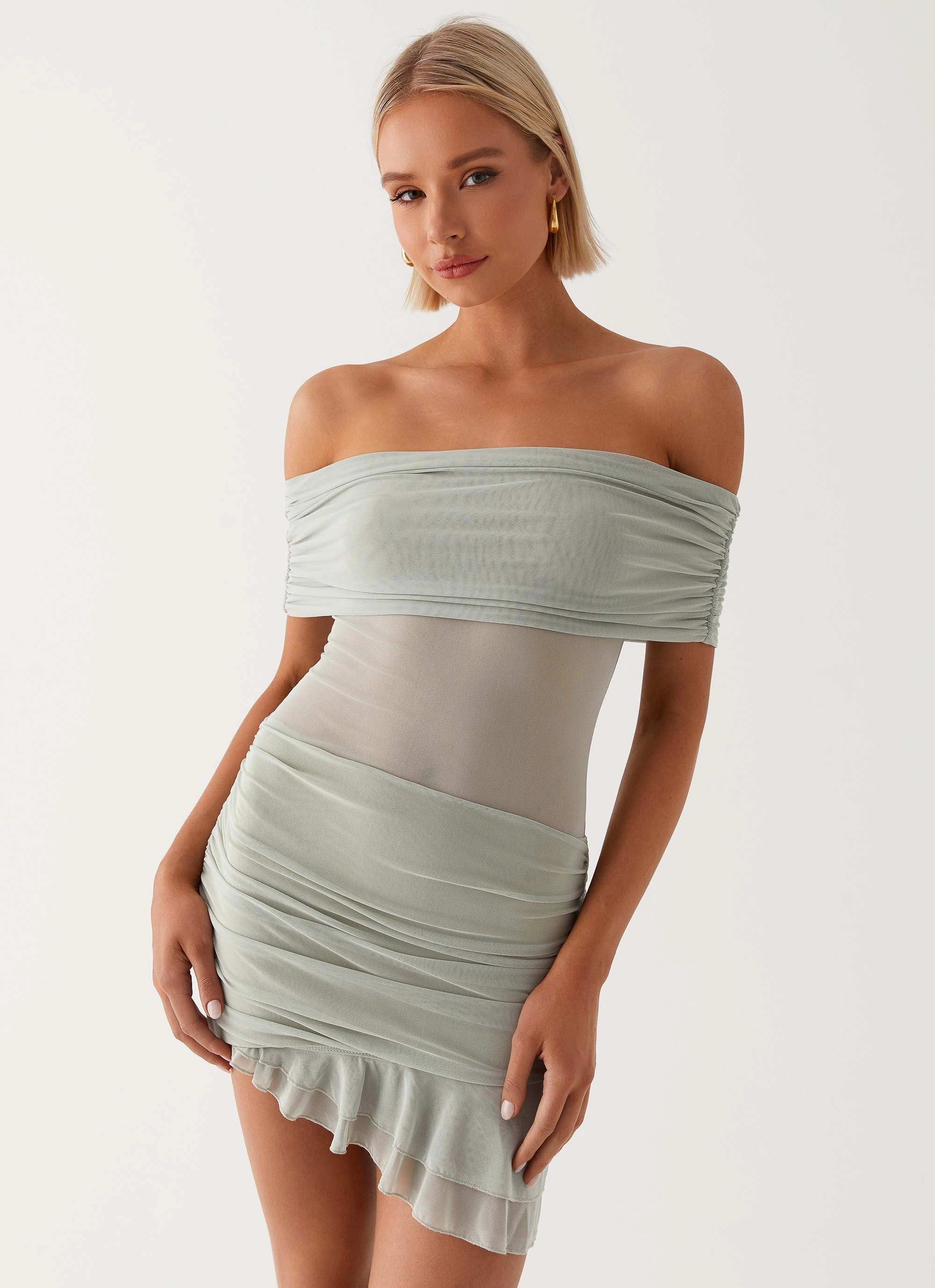 Nelly Off Shoulder Mini Dress - Pistachio Travel-Pack