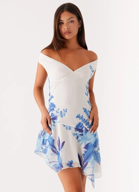 Sleek modern Alma Mini Dress - Blue Floral Print Stylish Pick Front Detail Alma Mini Dress - Blue Floral Print