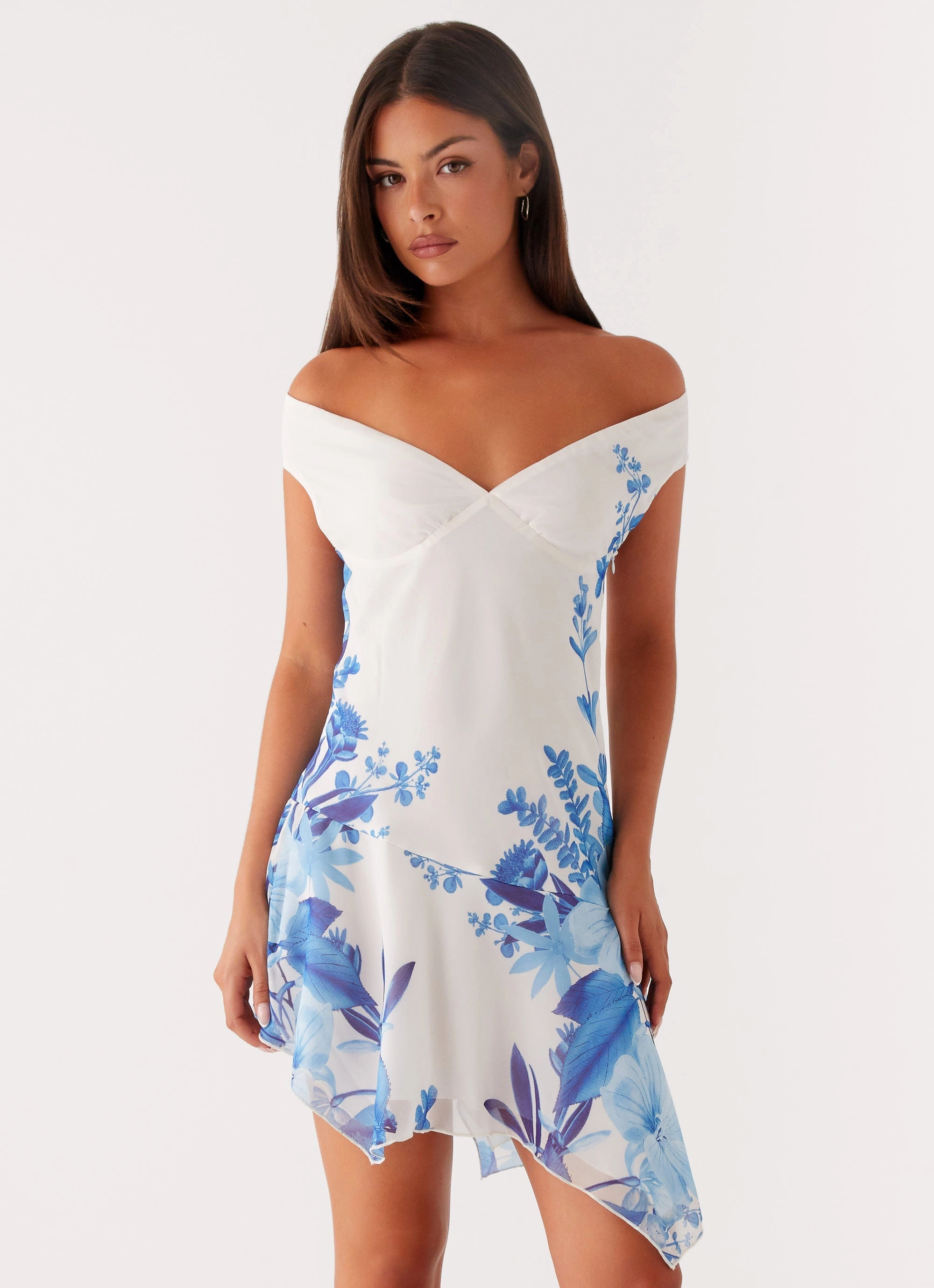 Alma Mini Dress - Blue Floral Print Smooth Surface Sleek Flex