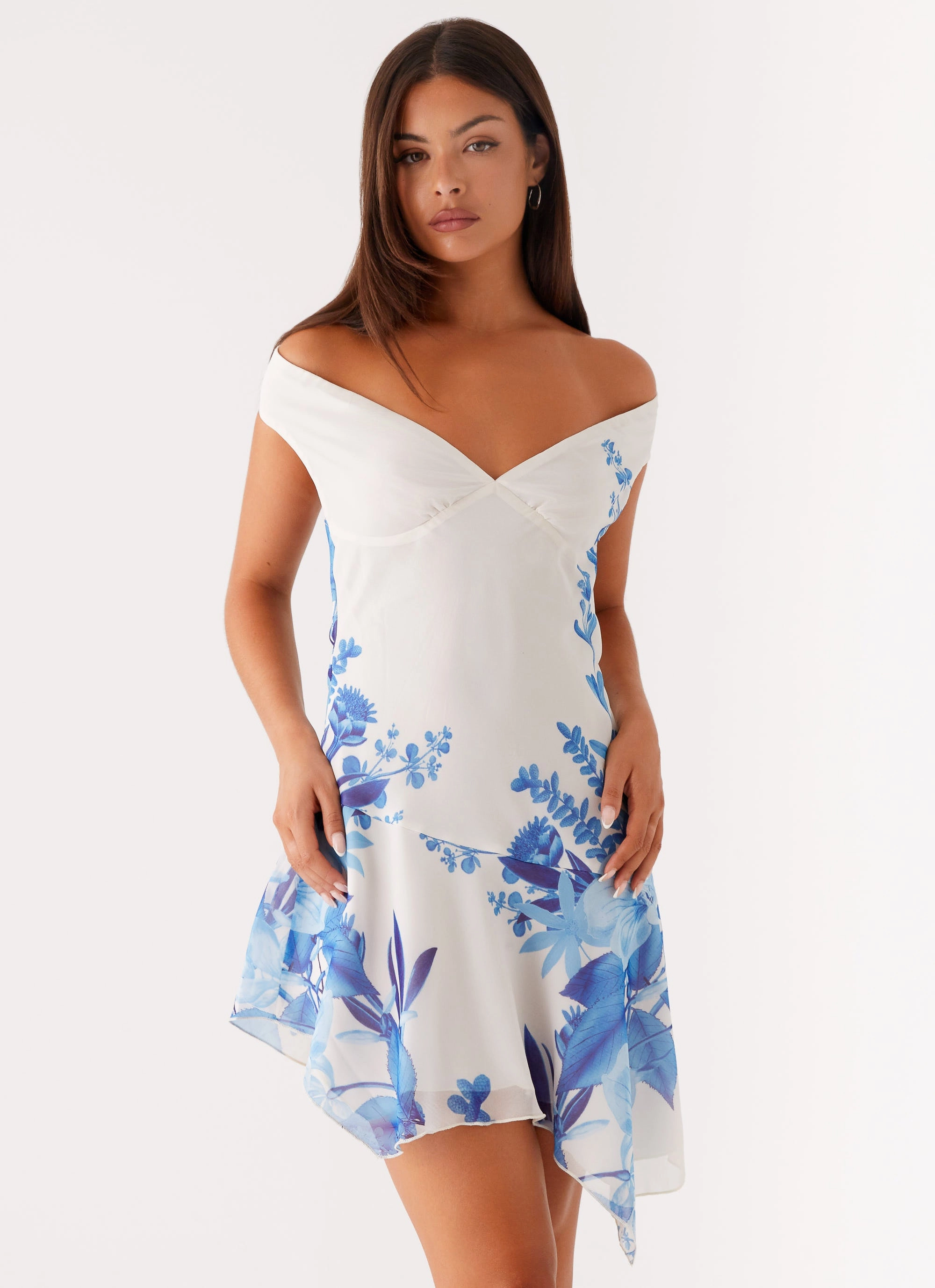 Stylish Pick Front Detail Alma Mini Dress - Blue Floral Print