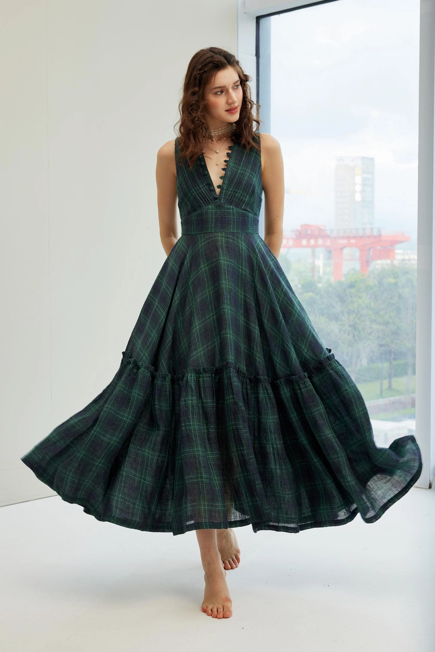 Waterproof Shell Breathable fabric Moon River 24 | V-neck pintucked linen dress gown