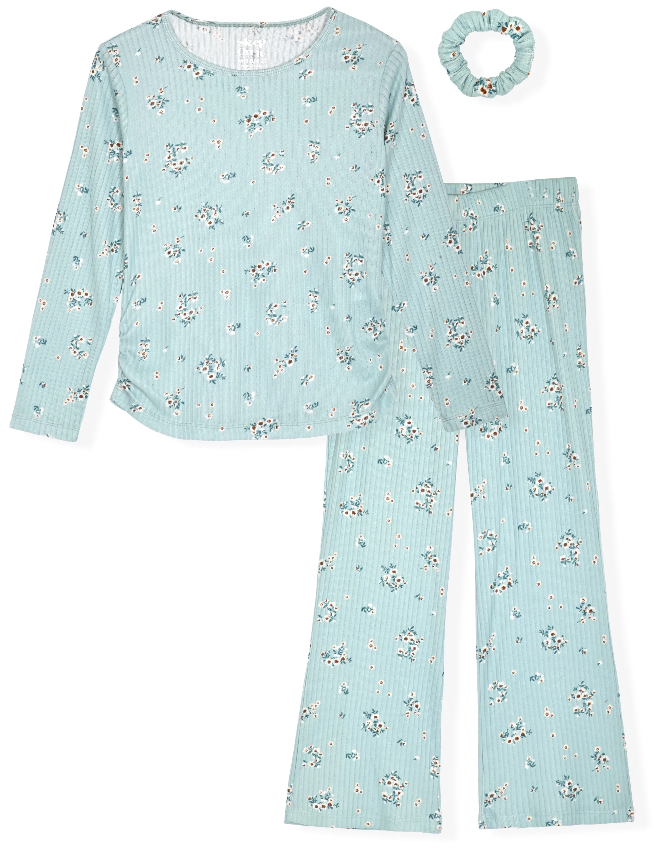 Sleep On It Girls 2-Piece Hacci Pajama Set with Matching Scrunchie - Floral