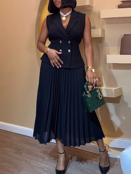 Sleeveless Blazer & Pleated Maxi Skirt Set