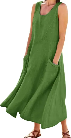 Sleeveless Maxi Long Beach Shirt Dress Women's Summer Casual Sleeveless Long Maxi Beach Dress Cotton Casual Dress