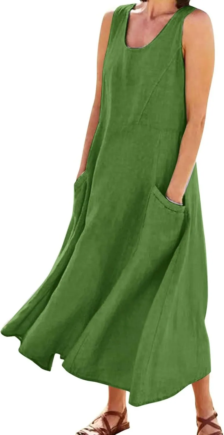 Sleeveless Maxi Long Beach Shirt Dress Women's Summer Casual Sleeveless Long Maxi Beach Dress Cotton Casual Dress