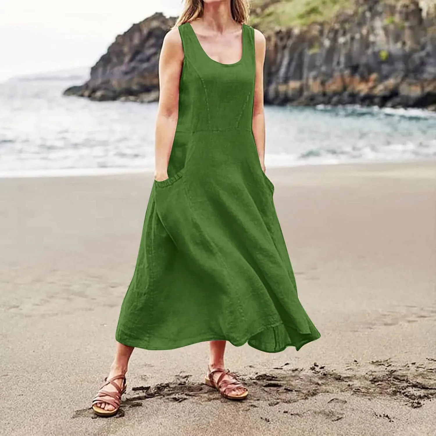 Sleeveless Maxi Long Beach Shirt Dress Women's Summer Casual Sleeveless Long Maxi Beach Dress Cotton Casual Dress