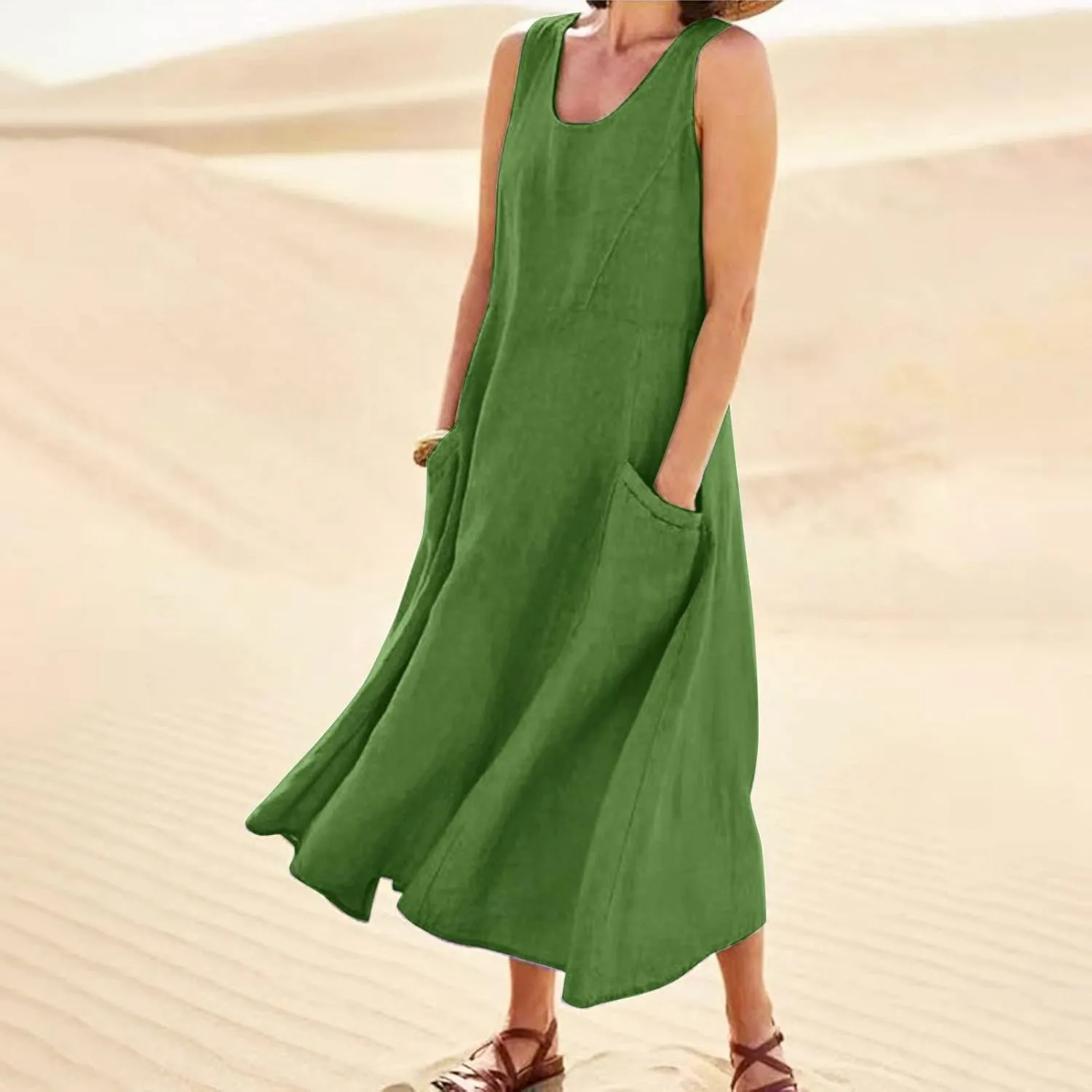 Sleeveless Maxi Long Beach Shirt Dress Women's Summer Casual Sleeveless Long Maxi Beach Dress Cotton Casual Dress