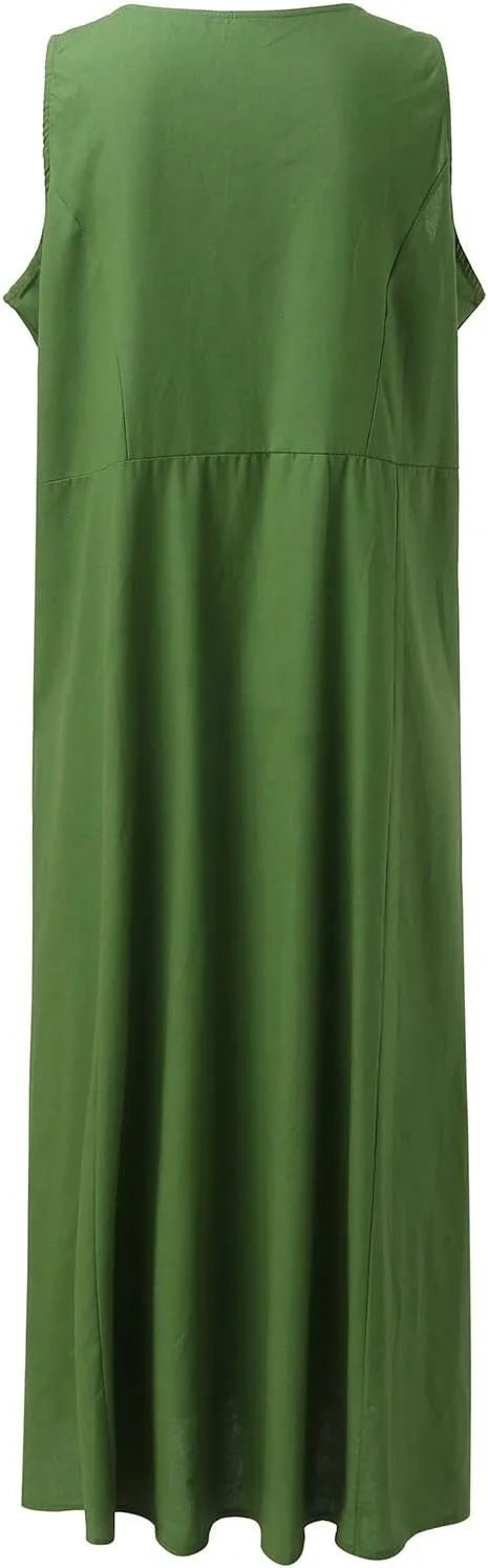 Sleeveless Maxi Long Beach Shirt Dress Women's Summer Casual Sleeveless Long Maxi Beach Dress Cotton Casual Dress