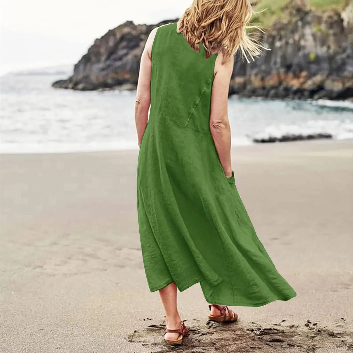 Sleeveless Maxi Long Beach Shirt Dress Women's Summer Casual Sleeveless Long Maxi Beach Dress Cotton Casual Dress