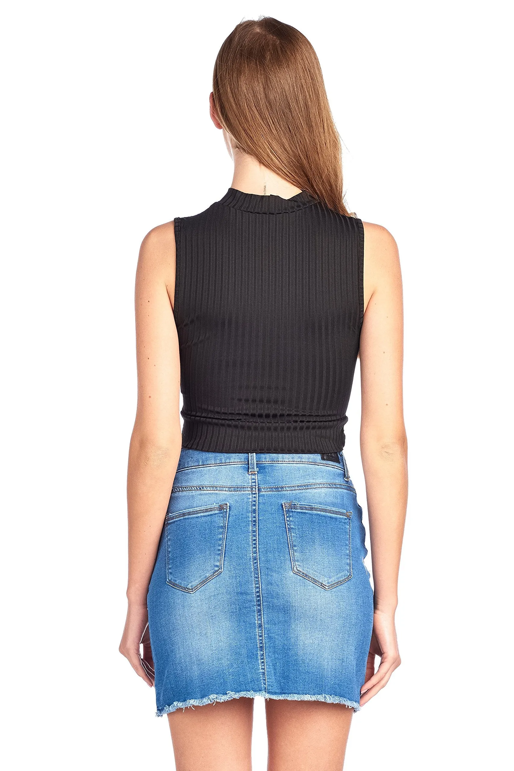 Sleeveless Ribbed Twist Front Mock Neck Fitted Stretch Crop Tank Top