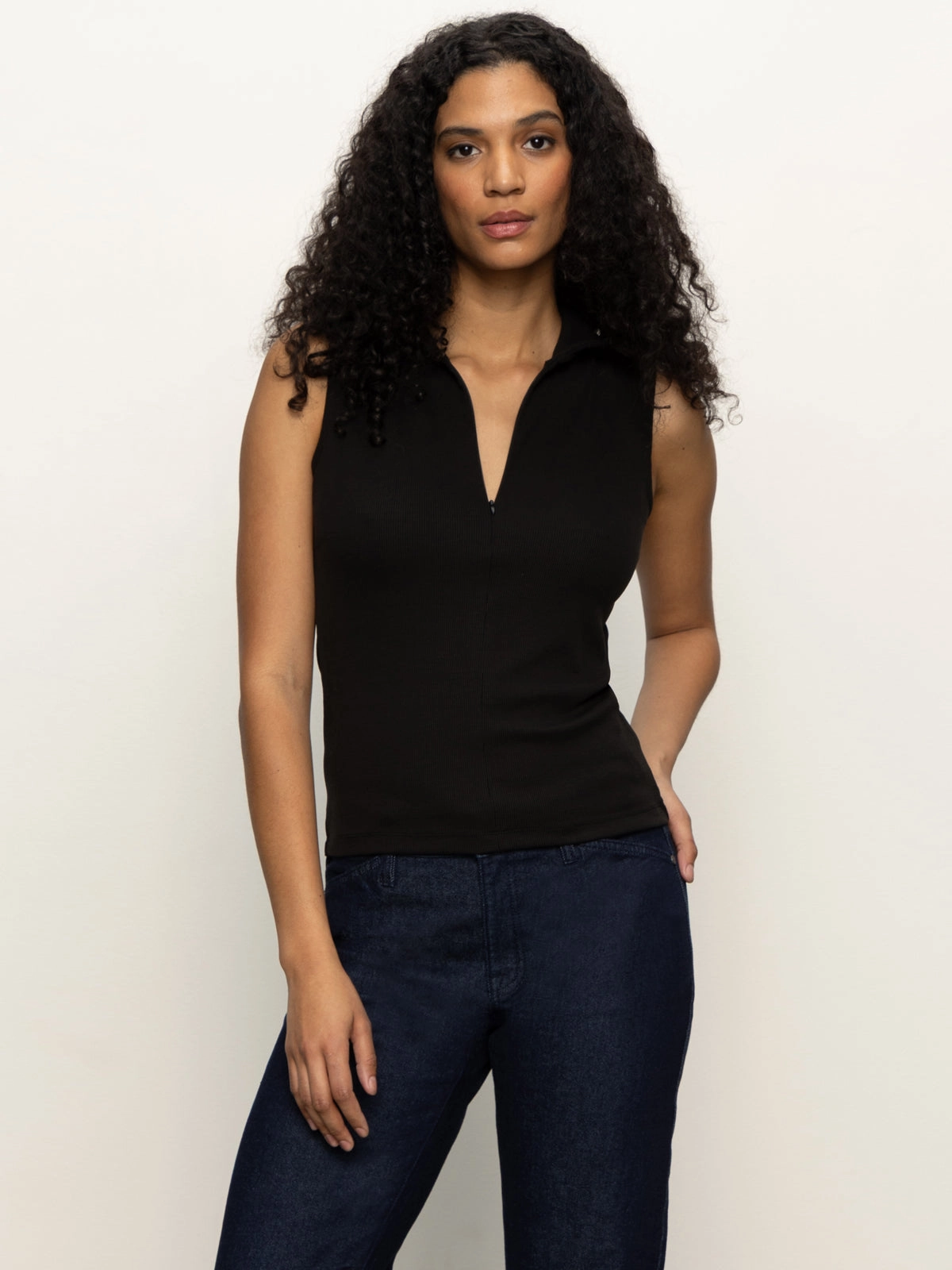 Sleeveless Zip Mock Top Black WrinkleResistant Finish
