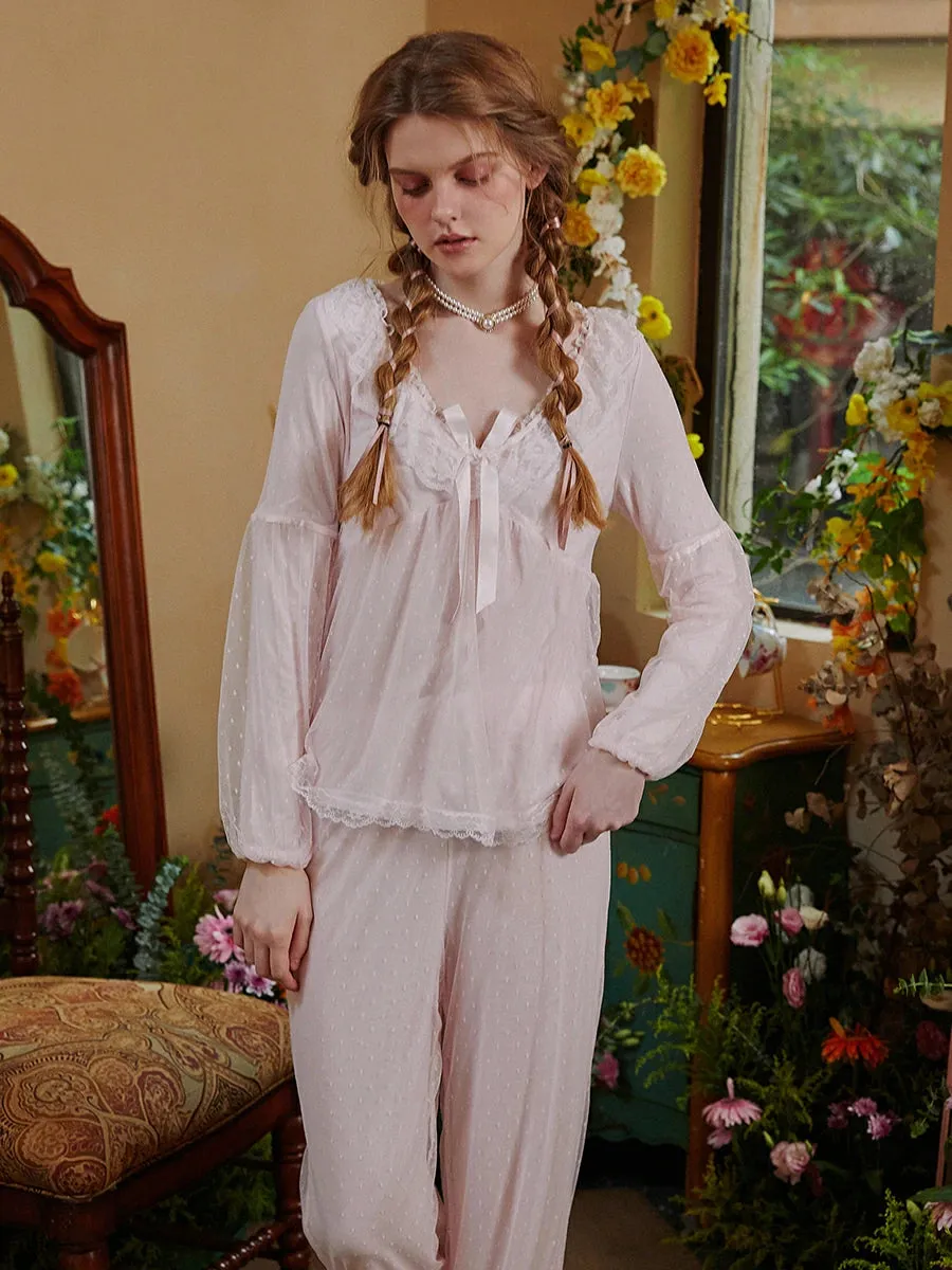 Slessic Mesh V-Neck Lace Splicing Loose Puff Sleeve Pajama Set
