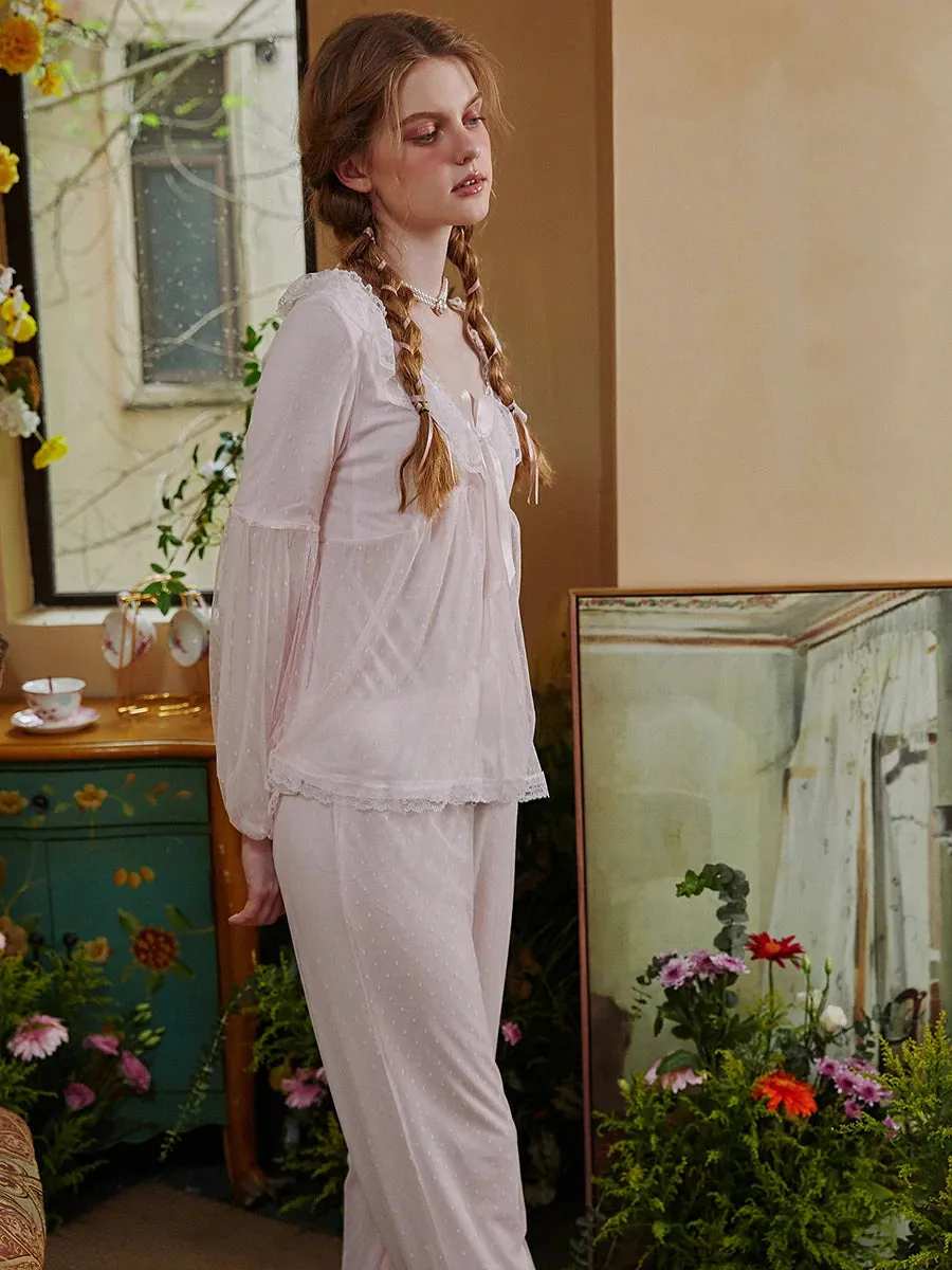 Slessic Mesh V-Neck Lace Splicing Loose Puff Sleeve Pajama Set