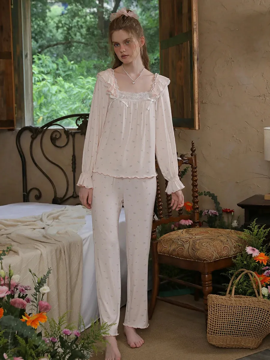 Slessic Romantic Ruffle Edge Lace Bow Floral Pattern Pajama Set