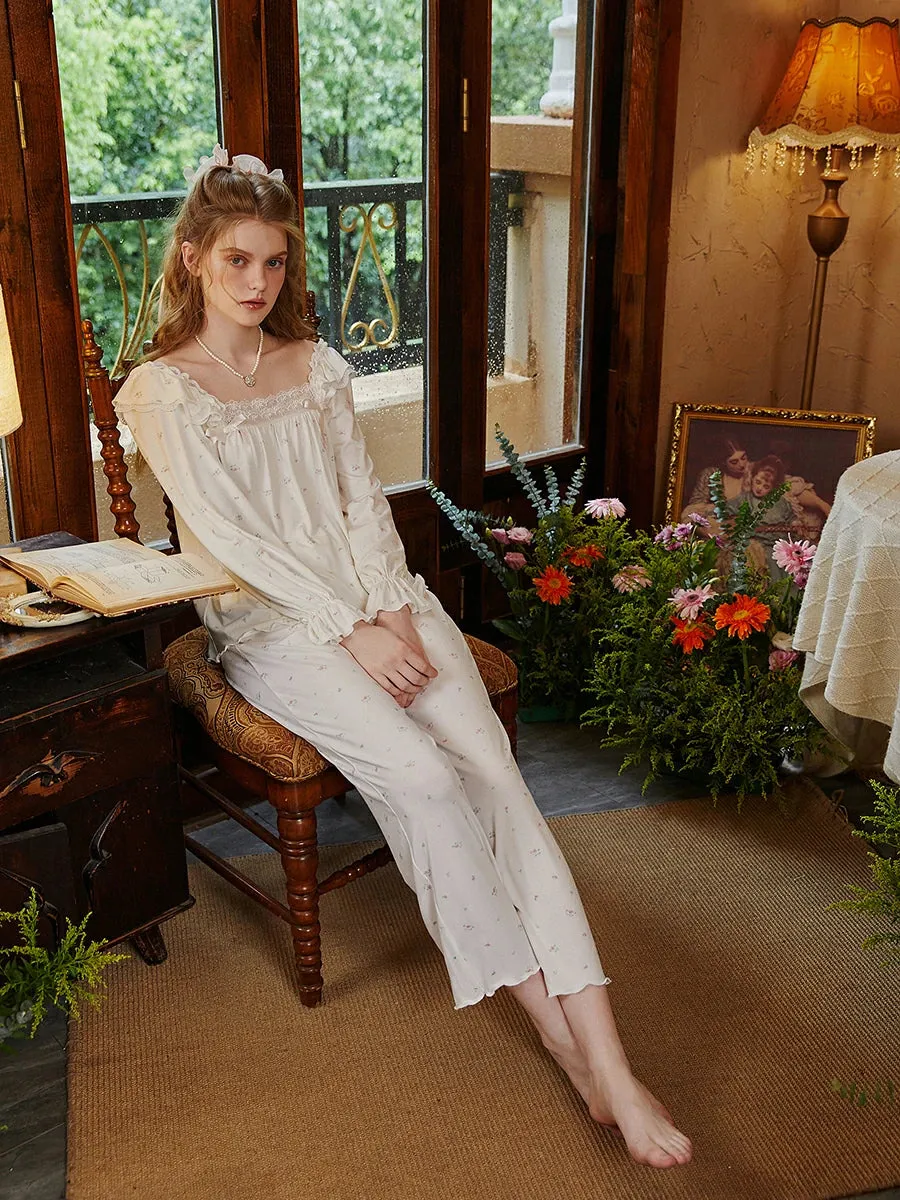 Slessic Romantic Ruffle Edge Lace Bow Floral Pattern Pajama Set