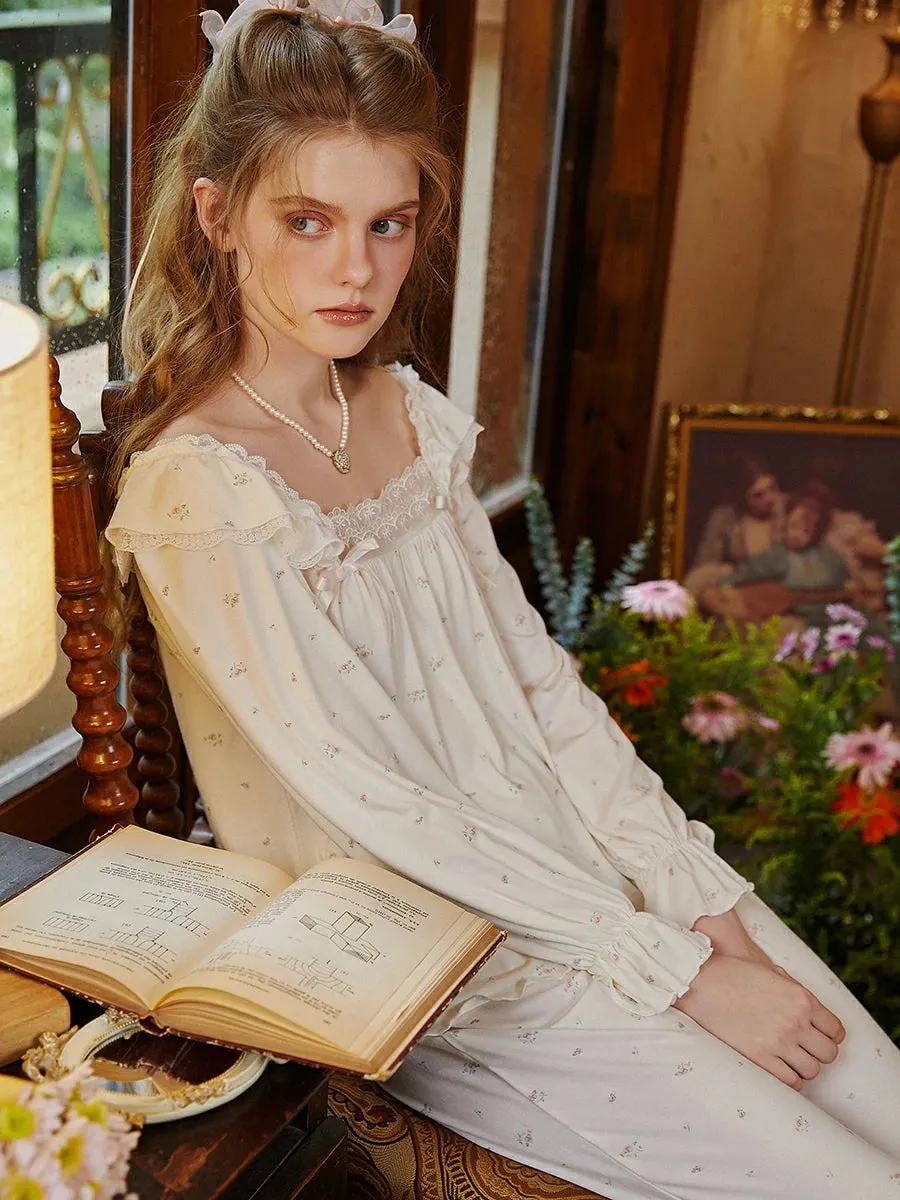 Slessic Romantic Ruffle Edge Lace Bow Floral Pattern Pajama Set
