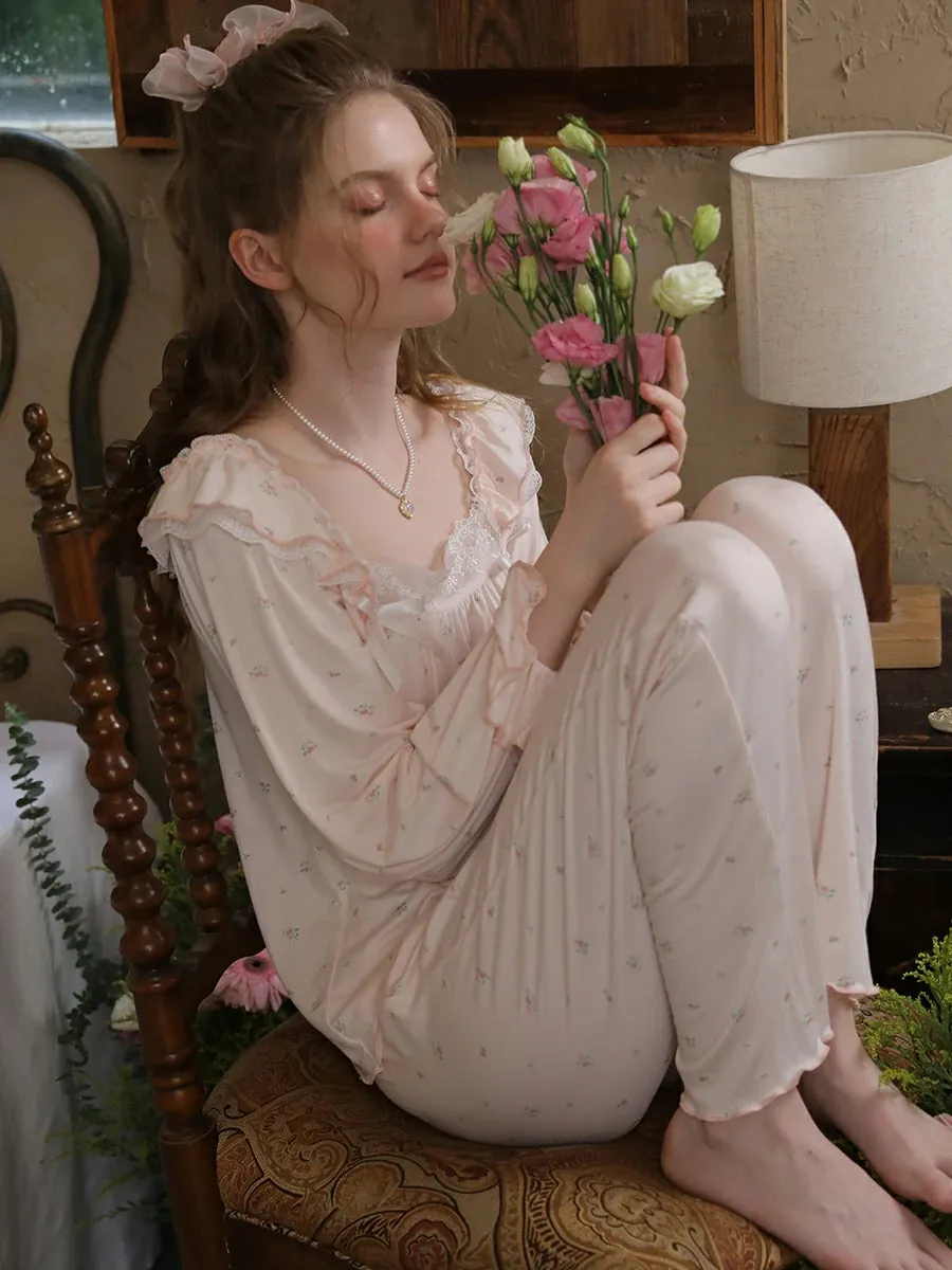 Slessic Romantic Ruffle Edge Lace Bow Floral Pattern Pajama Set