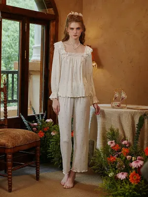 Slessic Romantic Ruffle Edge Lace Bow Floral Pattern Pajama Set