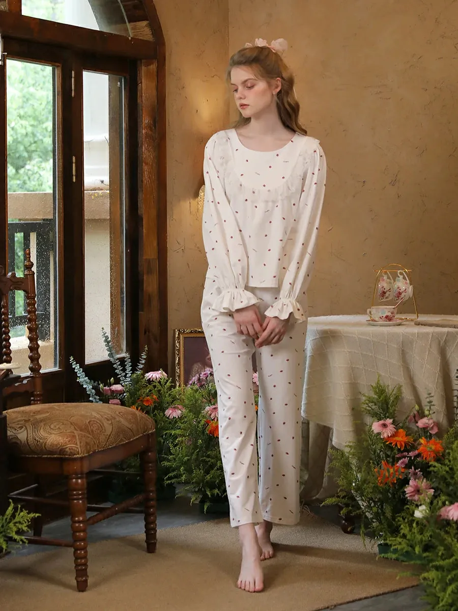 Slessic Ruffled Edge Embroidery Small Floral Strawberry Print Pajamas Set