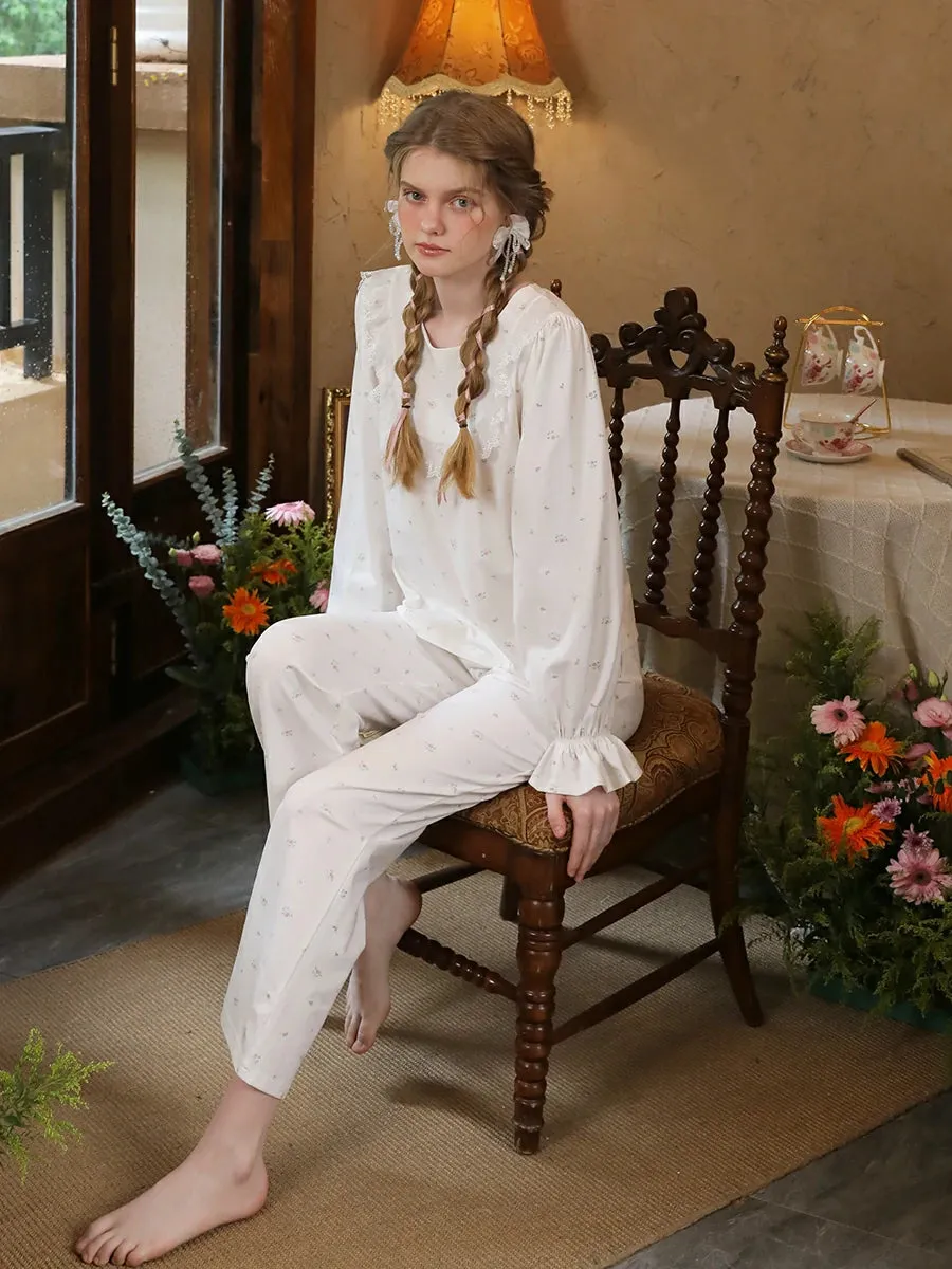 Slessic Ruffled Edge Embroidery Small Floral Strawberry Print Pajamas Set