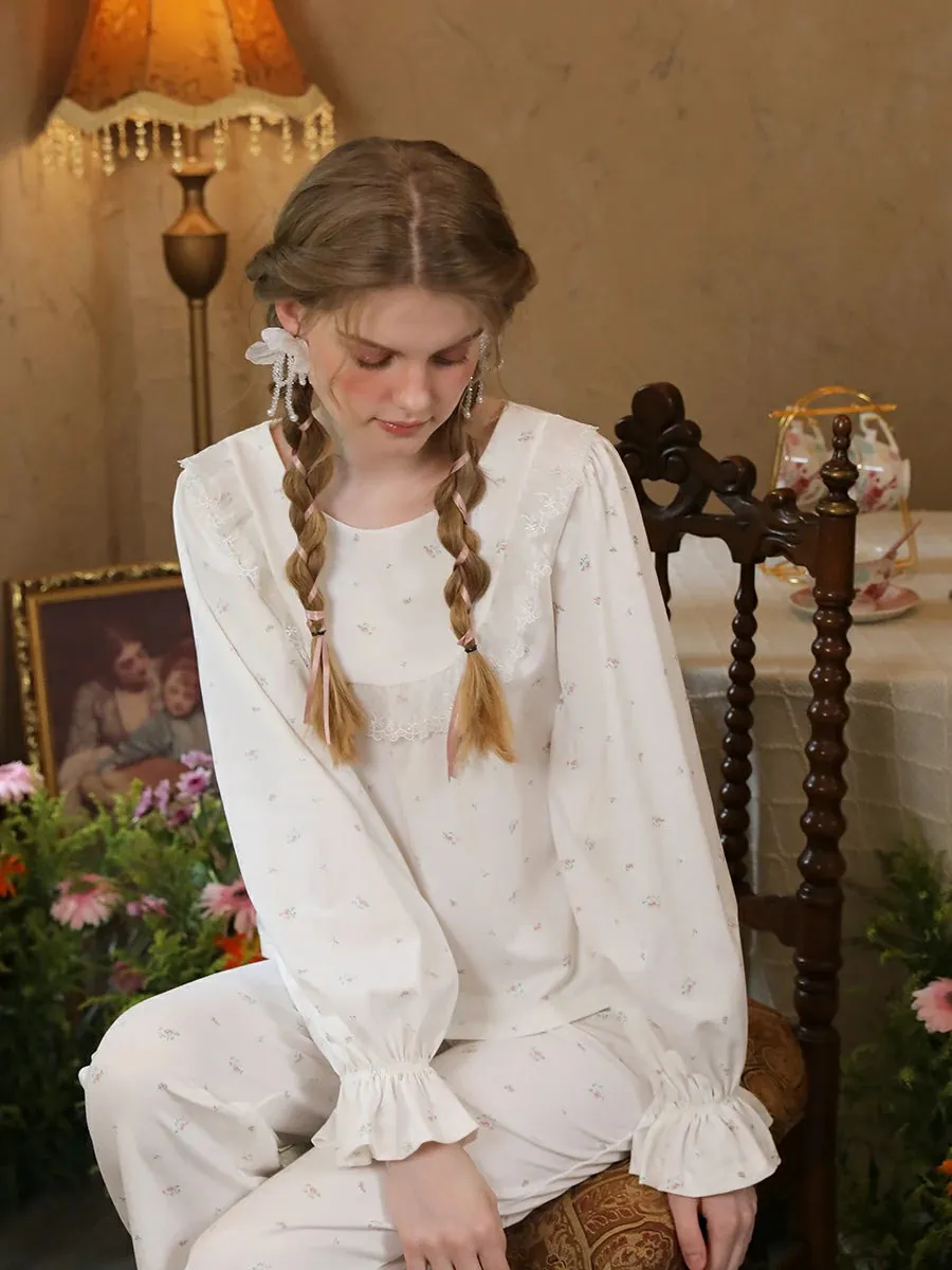 Slessic Ruffled Edge Embroidery Small Floral Strawberry Print Pajamas Set