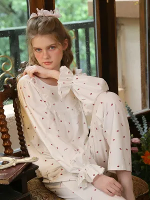 Slessic Ruffled Edge Embroidery Small Floral Strawberry Print Pajamas Set