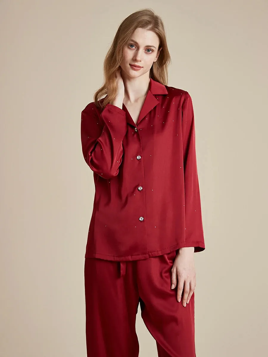 Slessic Satin Diamond-ironing Rhinestone Button Fancy Pajama Set