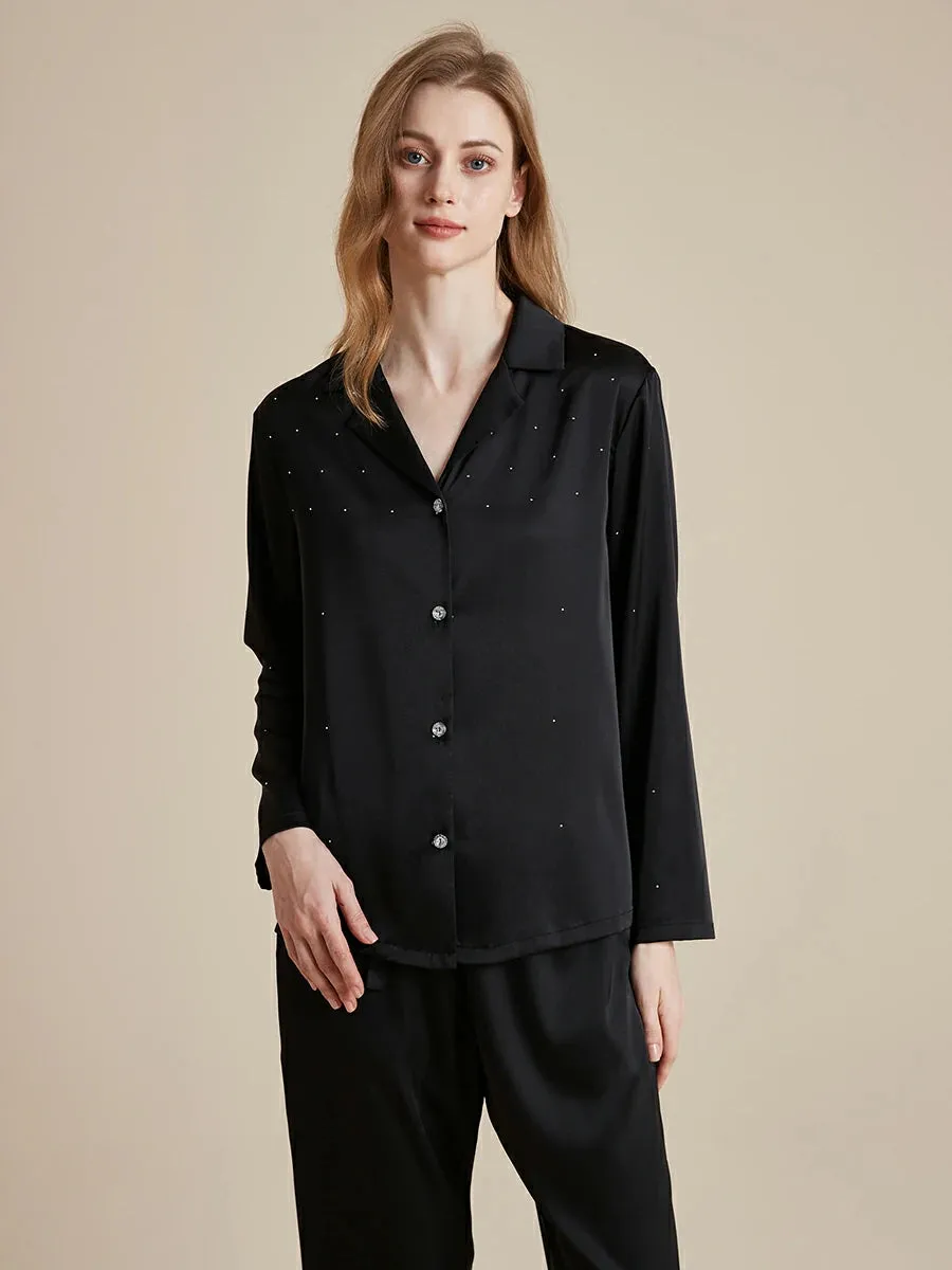 Slessic Satin Diamond-ironing Rhinestone Button Fancy Pajama Set