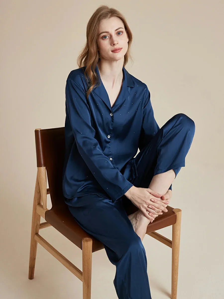 Slessic Satin Diamond-ironing Rhinestone Button Fancy Pajama Set