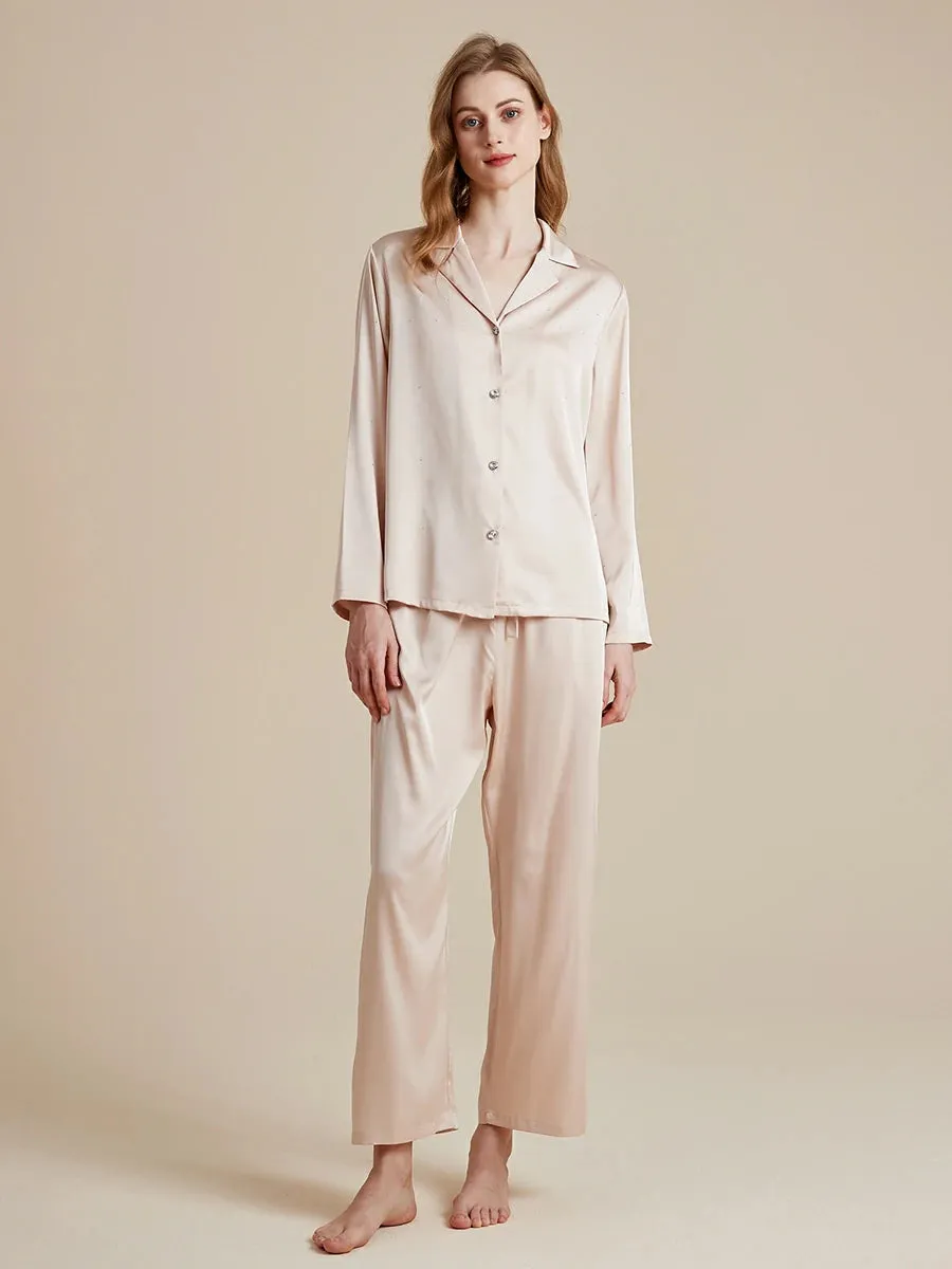 Slessic Satin Diamond-ironing Rhinestone Button Fancy Pajama Set