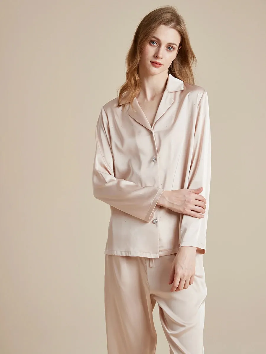 Slessic Satin Diamond-ironing Rhinestone Button Fancy Pajama Set