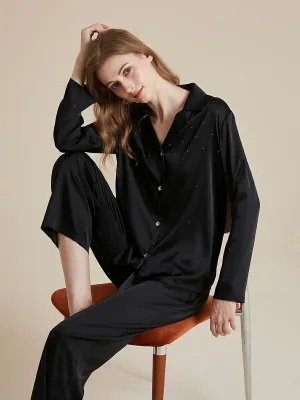 Slessic Satin Diamond-ironing Rhinestone Button Fancy Pajama Set
