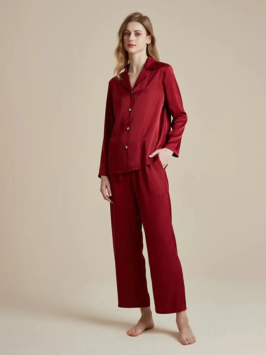 Slessic Satin Diamond-ironing Rhinestone Button Fancy Pajama Set
