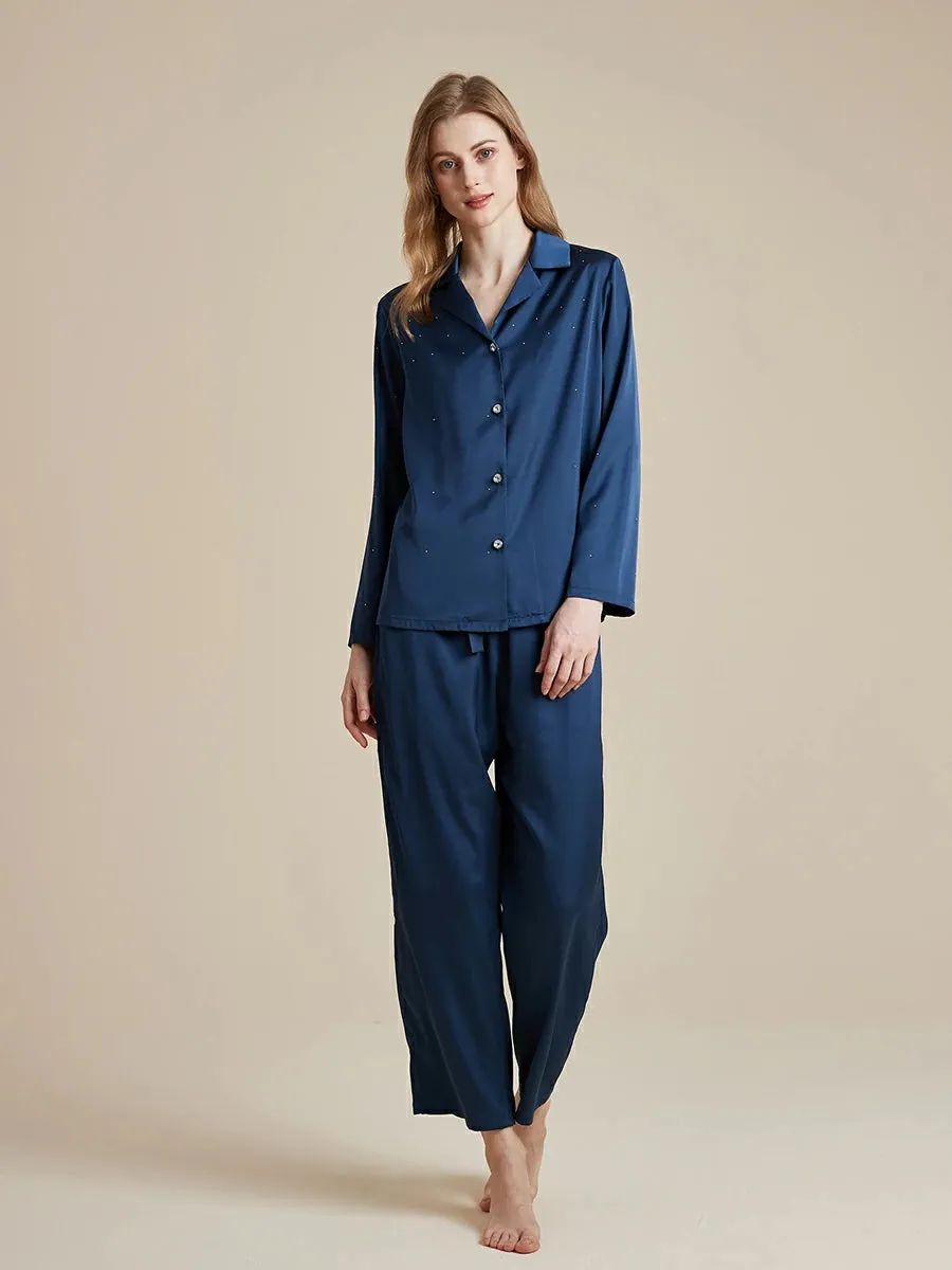Slessic Satin Diamond-ironing Rhinestone Button Fancy Pajama Set