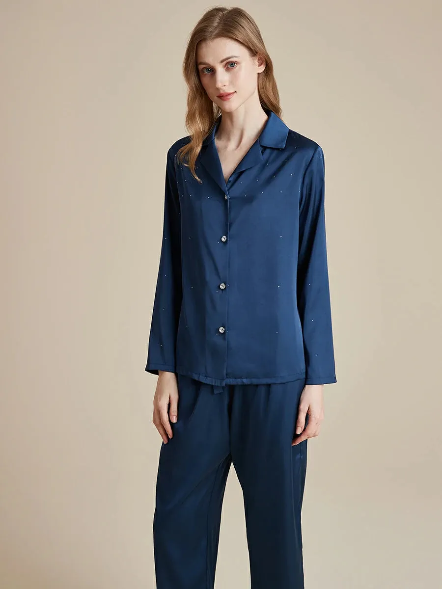 Slessic Satin Diamond-ironing Rhinestone Button Fancy Pajama Set