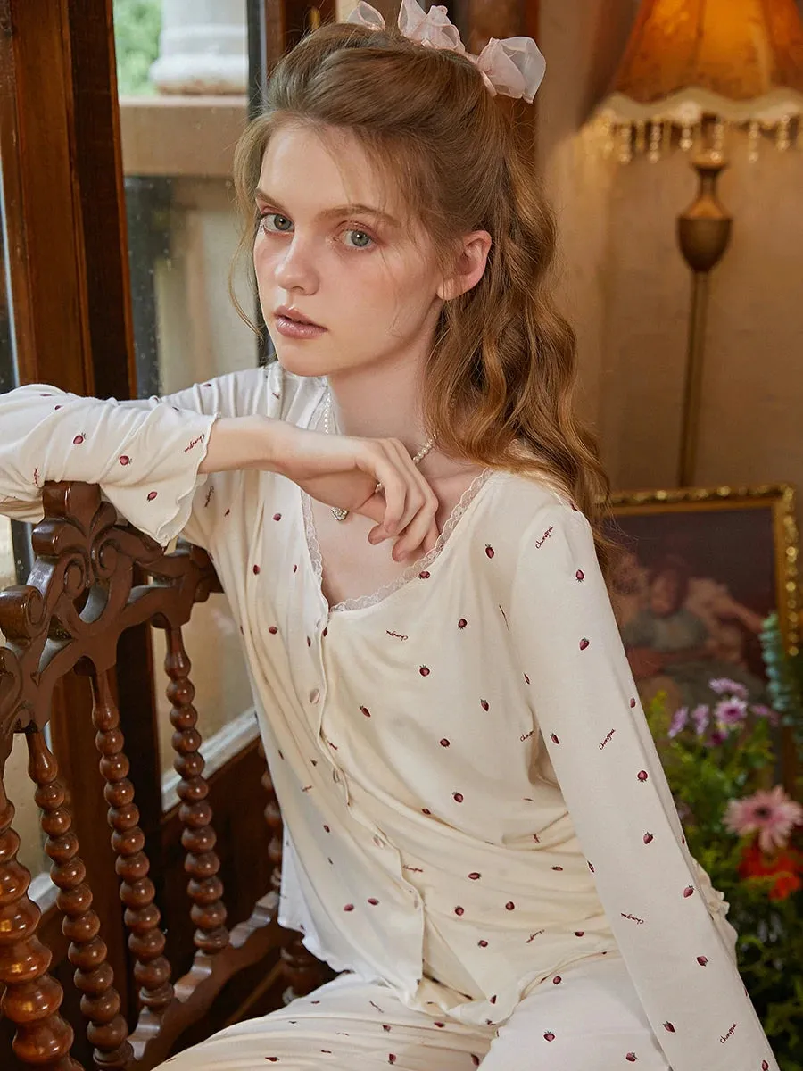 Slessic Strawberry Polka Dot Printed Lace Pajama Three-Piece Set