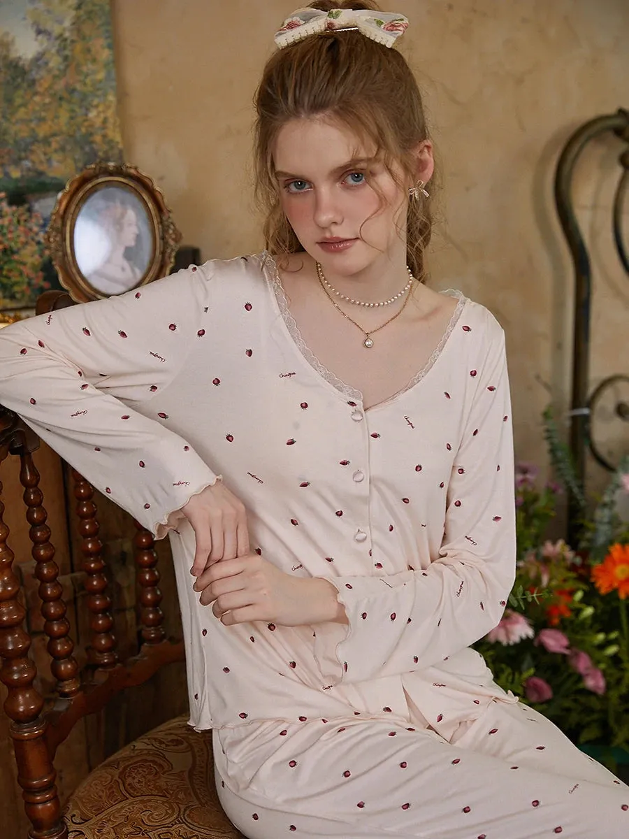 Slessic Strawberry Polka Dot Printed Lace Pajama Three-Piece Set