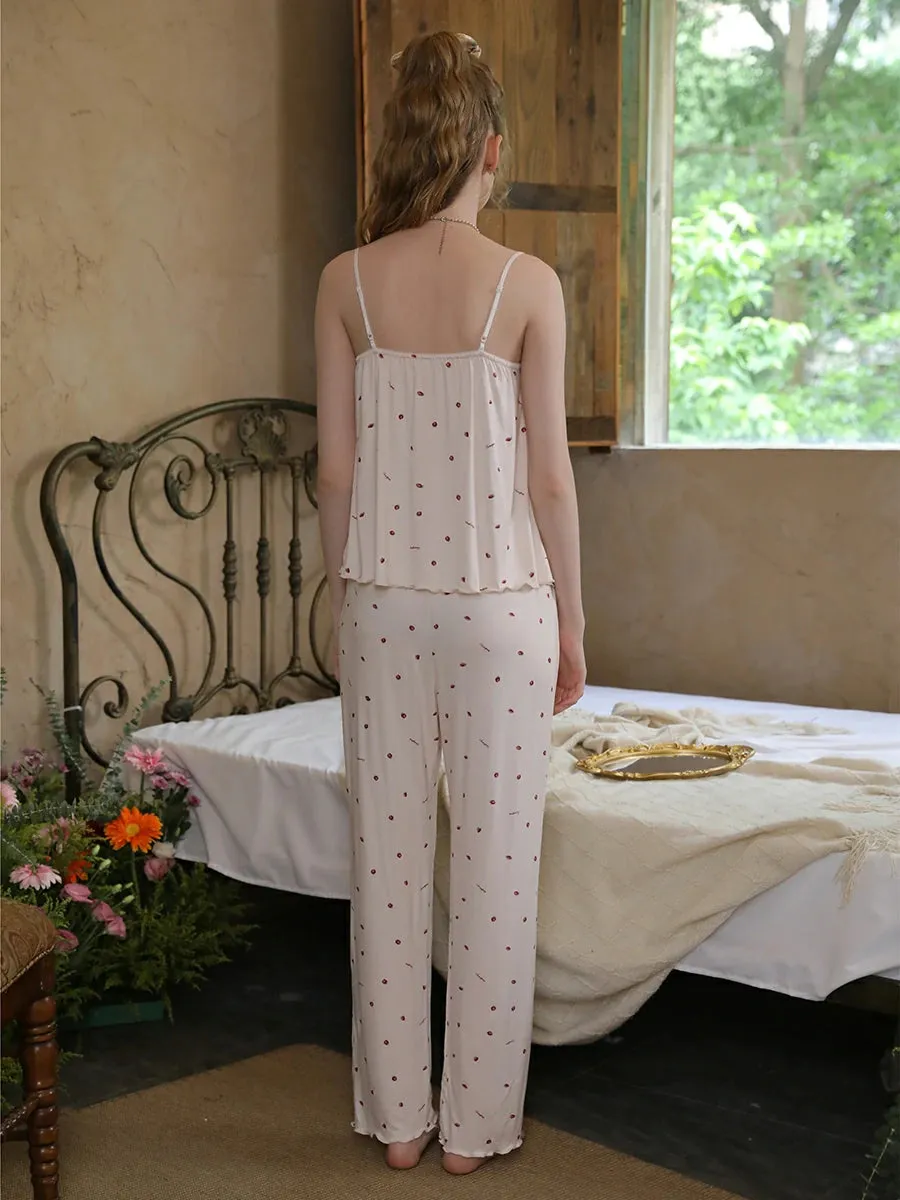 Slessic Strawberry Polka Dot Printed Lace Pajama Three-Piece Set