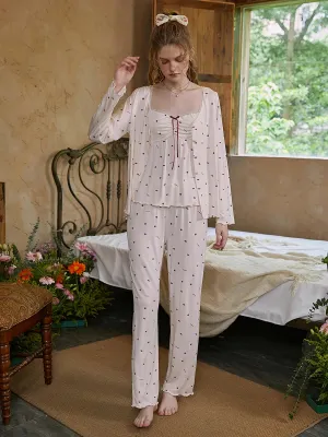 Slessic Strawberry Polka Dot Printed Lace Pajama Three-Piece Set