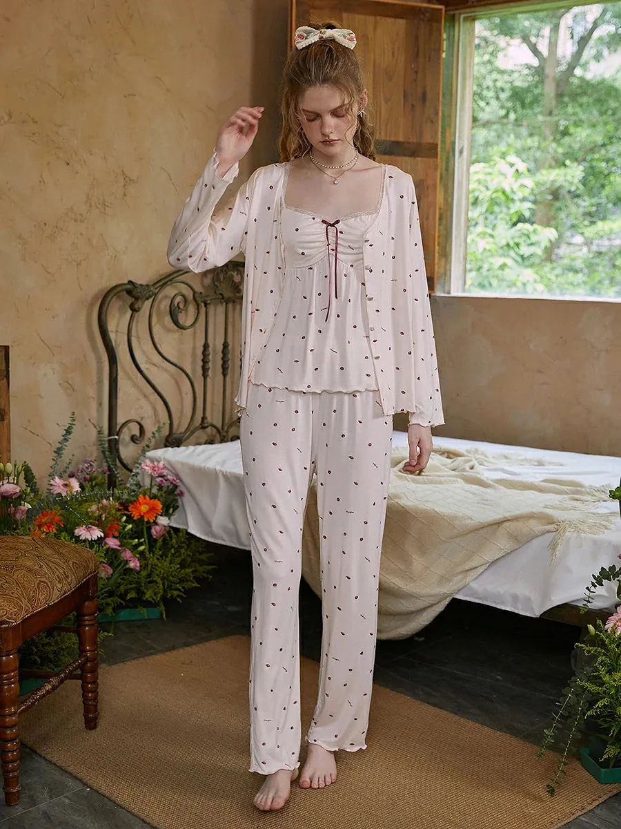 Slessic Strawberry Polka Dot Printed Lace Pajama Three-Piece Set