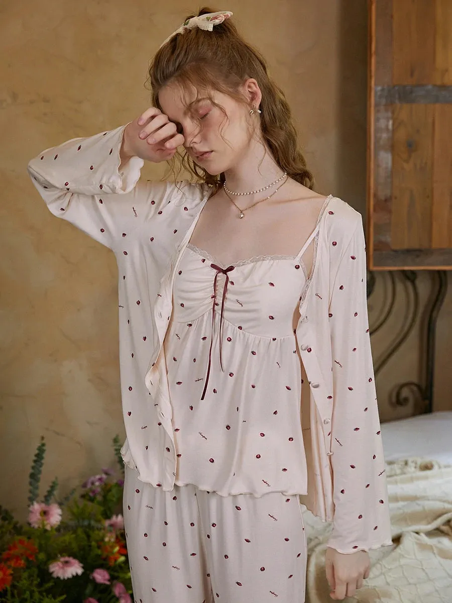 Slessic Strawberry Polka Dot Printed Lace Pajama Three-Piece Set
