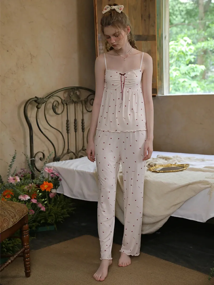 Slessic Strawberry Polka Dot Printed Lace Pajama Three-Piece Set