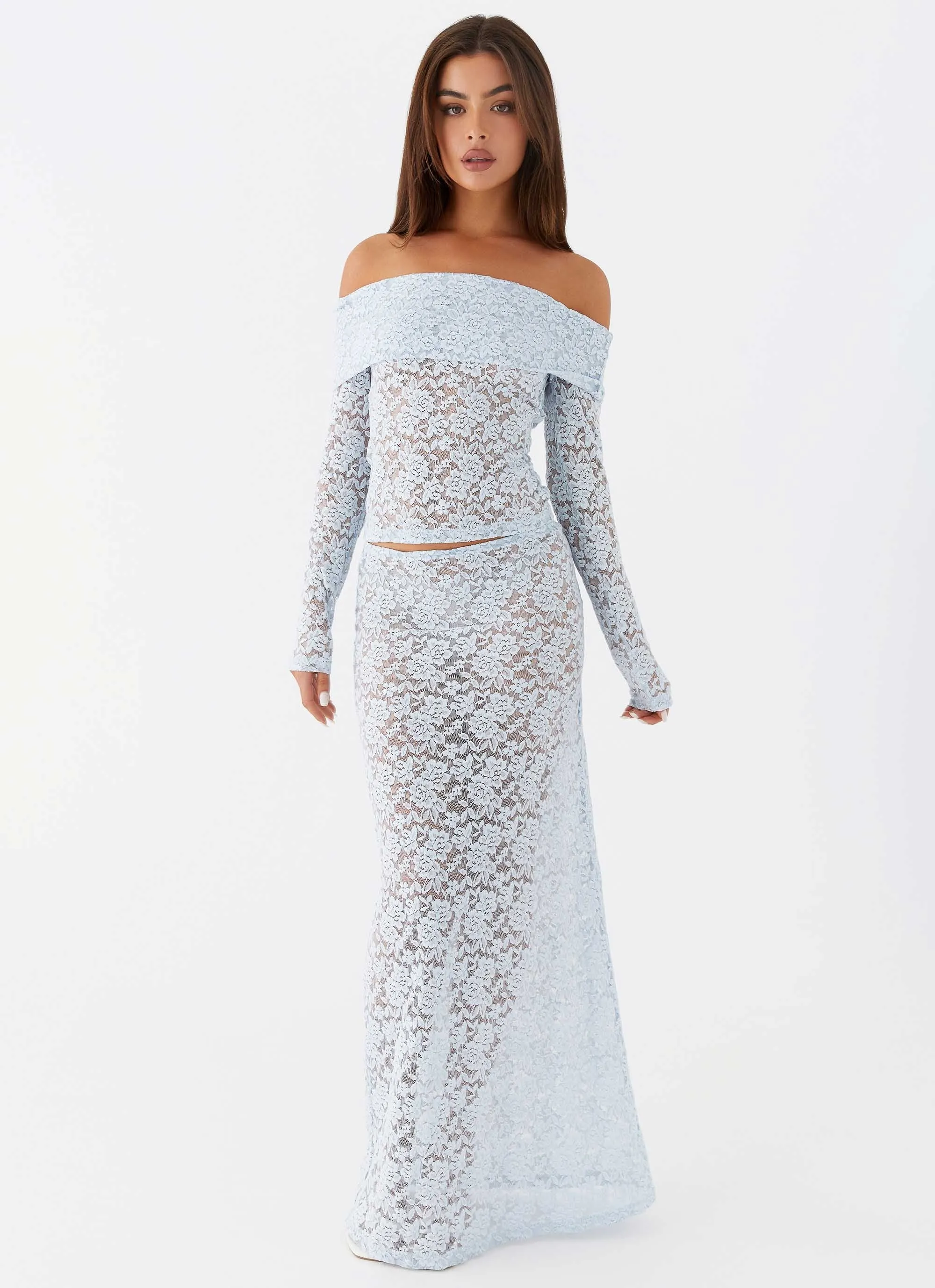 Zephyra Lace Maxi Skirt - Blue Cloud Chilly Layering