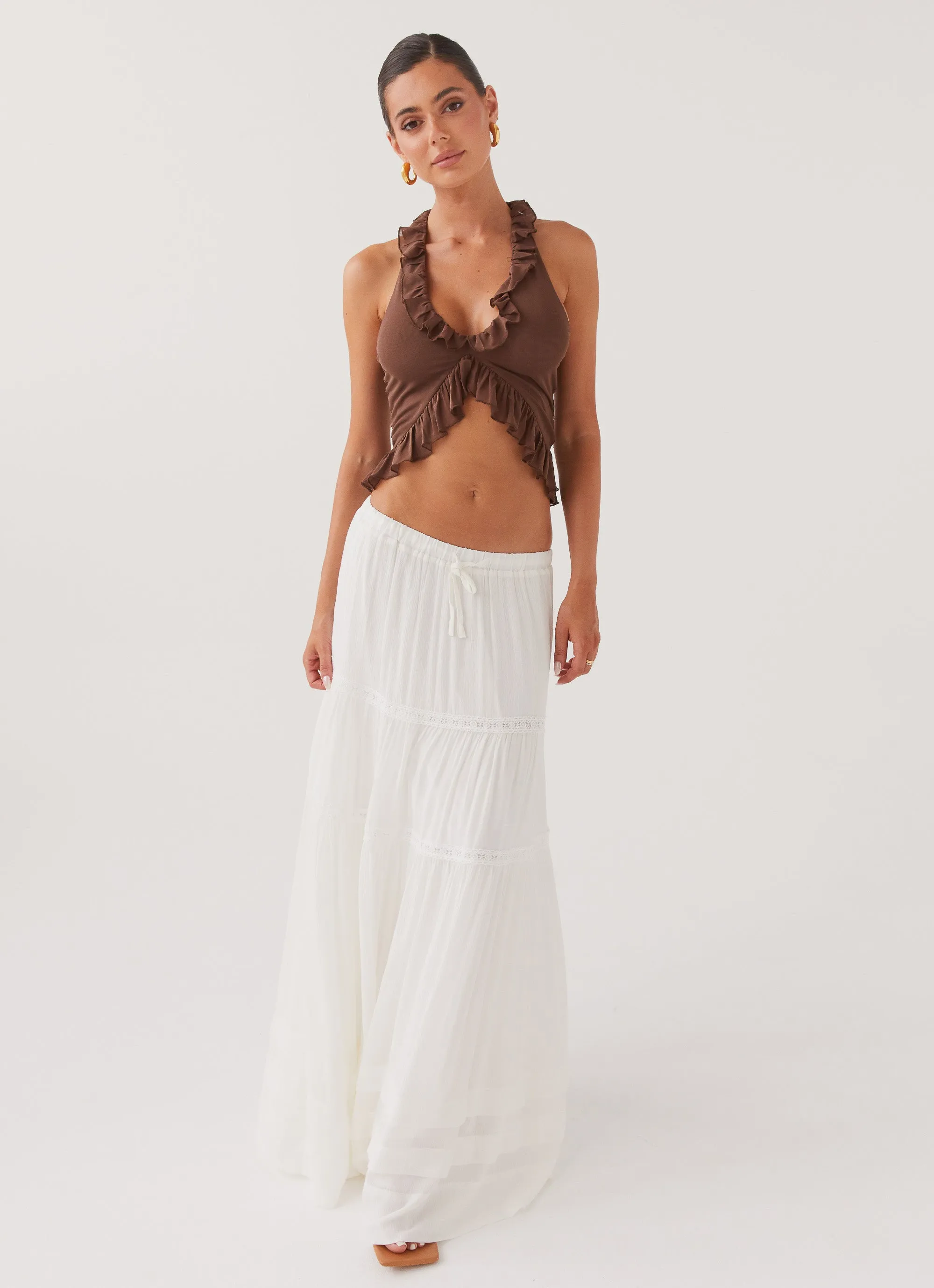 No Fuss High Waist Stretch Moonstone Tiered Maxi Skirt - White
