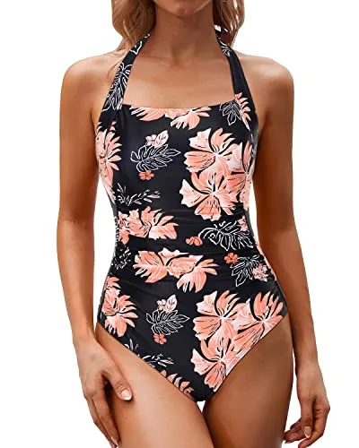 Slimming & Flattering One Piece Swimsuits Tummy Control One Piece Swimsuits-Black Orange Floral