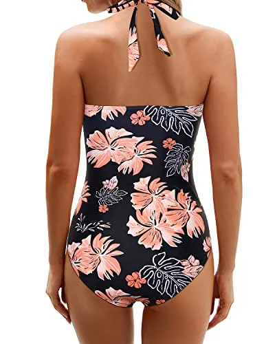 Slimming & Flattering One Piece Swimsuits Tummy Control One Piece Swimsuits-Black Orange Floral