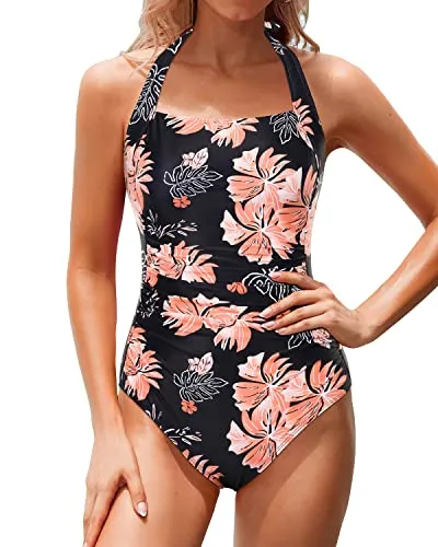 Slimming & Flattering One Piece Swimsuits Tummy Control One Piece Swimsuits-Black Orange Floral