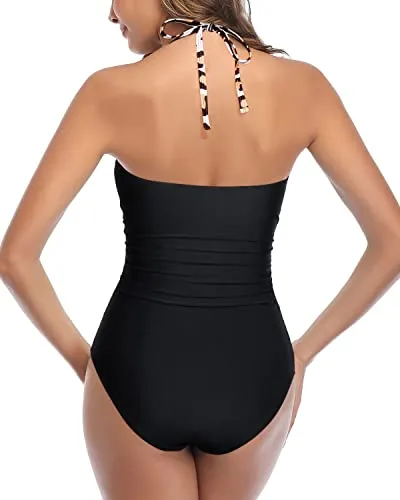 Slimming High Waisted Halter Front Tie Knot One Piece Cutout Swimsuits-Black And Leopard