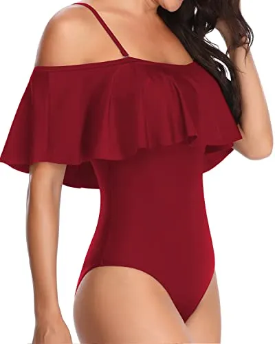 Slimming Long Torso Ruffle One Piece Swimsuits-Maroon